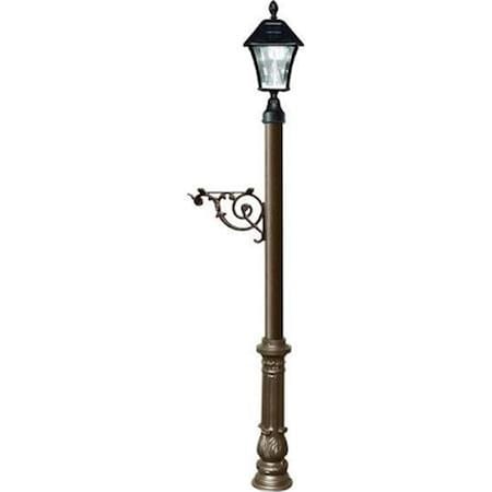 Lewiston Mailbox Post System with Ornate Base & Bayview Solar Lamp & 3 Cast Plates Bronze LMC-700-SL-BZ